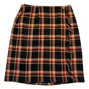 Sag Harbor Plaid Wool Blend Fringe Preppy Dark Academia Wrap Skirt Size 14
